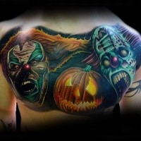 Illustrative style colored chest tattoo of clown monsters and pumpkin