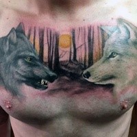 Illustrativer Stil farbiges Brust Tattoo von schwarzen und weißen Wölfen im dunklen Wald