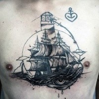 Illustrative style colored chest tattoo of sailing ship with lighthouse