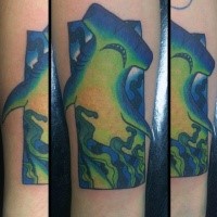 Illustrative style colored forearm tattoo of hammerhead shark