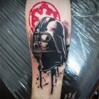 Illustrative style colored forearm tattoo of Darth Vader and Empire emblem