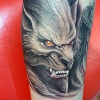 Illustrative style colored forearm tattoo of evil werewolf