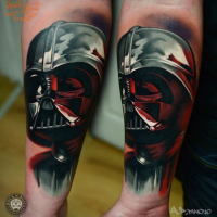 Illustrative style colored forearm tattoo of Darth Vader