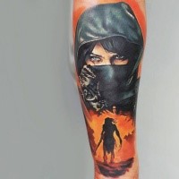 Illustrative style colored forearm tattoo of woman in cloak