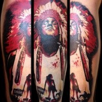 Illustrative style colored forearm tattoo of Indian with woman silhouette