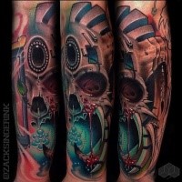 Illustrative style colored forearm tattoo of demonic mask