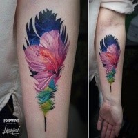 Illustrative style colored forearm tattoo of small flower