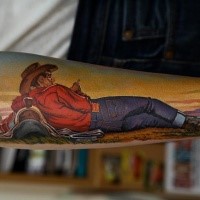 Illustrative style colored forearm tattoo of cowboy