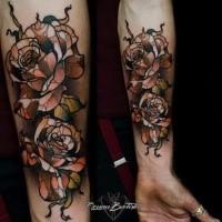 Illustrative style colored forearm tattoo of rose flowers