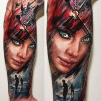 Illustrative style colored forearm tattoo of woman with clock and boys