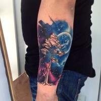 Illustrative style colored forearm tattoo of paper tree