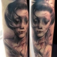 Illustrative style colored forearm tattoo of Asian woman with bloody wound