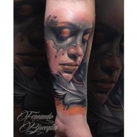 Illustrative style colored forearm tattoo of woman with feather