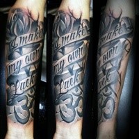 Illustrative style colored forearm tattoo of lettering and symbol