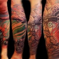 Illustrativer Stil farbiges Unterarm Tattoo mit dämonischem Mannes Gesicht