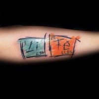 Illustrative style colored forearm tattoo of Asian chemistry table