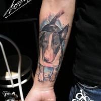 Illustrative style colored forearm tattoo of big dog