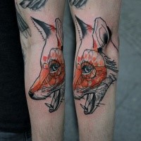 Illustrative style colored forearm tattoo of fox head