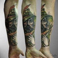 Illustrative style colored forearm tattoo of wood archer