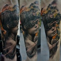 Illustrative style colored forearm tattoo of fantasy woman with mask
