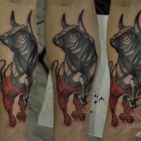 Illustrative style colored forearm tattoo of big running bull