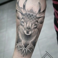 Illustrative style colored forearm tattoo of big deer