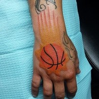 Illustrative style colored hand tattoo of basketball and flames