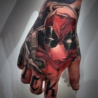 Illustrative style colored hand tattoo of evil Deadpool