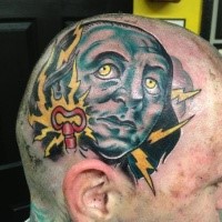 Illustrative style colored head tattoo of mans portrait with lightning