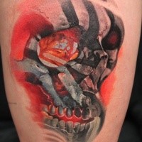 Illustrative style colored human skull tattoo