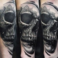 Illustrative style colored human skull with ornaments