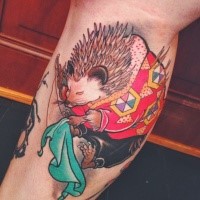 Illustrative style colored leg tattoo of fantasy hedgehog