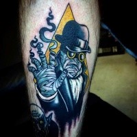 Illustrative style colored leg tattoo of creepy mummy