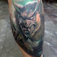 Illustrative style colored leg tattoo of werewolf