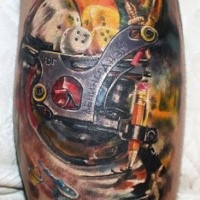 Illustrativer Stil farbiges Bein Tattoo von Tattoo-Maschine mit Würfeln