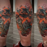 Illustrative style colored leg tattoo of demonic panther