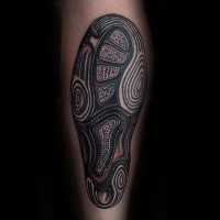 Illustrative style colored leg tattoo of snickers foot print