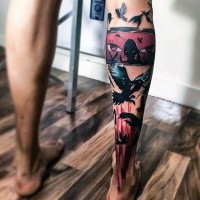 Illustrative style colored leg tattoo of birds with Indian woman face