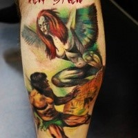 Illustrative style colored leg tattoo of demonic woman with warrior