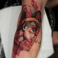 Illustrative style colored leg tattoo of demonic Joker face