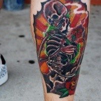 Illustrative style colored leg tattoo of human skeleton and rose