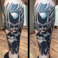 Illustrative style colored leg tattoo of Batman