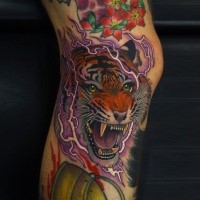 Illustrative style colored leg tattoo of roaring tiger with lightning