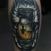 Illustrative style colored leg tattoo of small can with boy