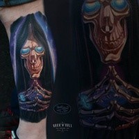 Illustrative style colored leg tattoo of magical Grimm reaper