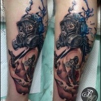 Illustrative style colored leg tattoo of woman with gas mask
