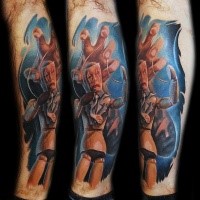 Illustrative style colored leg tattoo of creepy wooden puppet