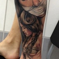 Illustrative style colored leg tattoo of woman with tied mouth