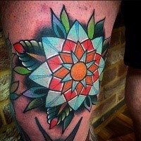 Illustrative style colored leg tattoo of amazing looking flower
