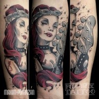 Illustrative style colored leg tattoo of seductive woman with guitar